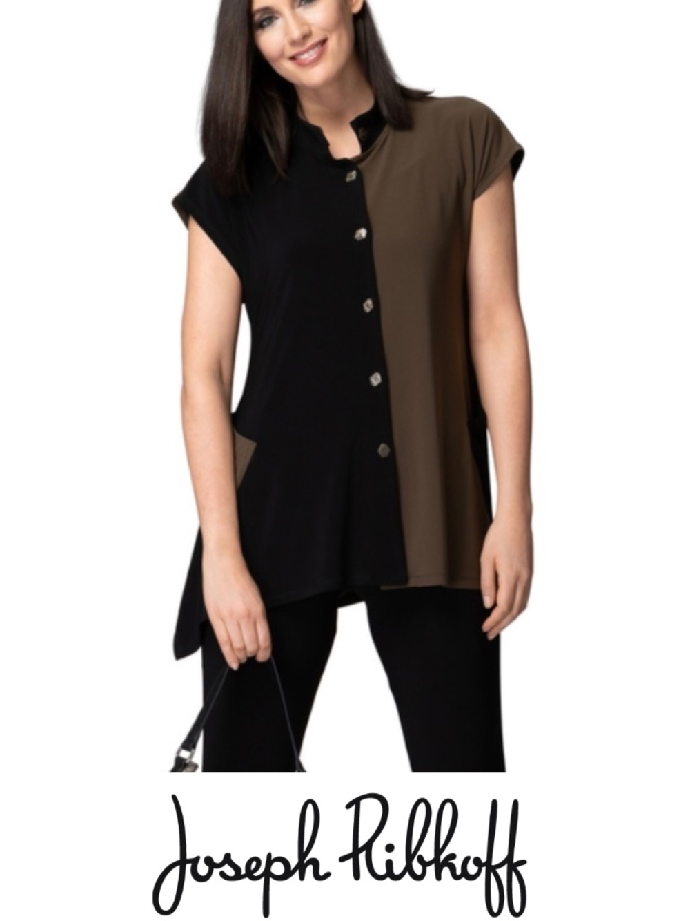 Like New Joseph Ribkoff TwoTone Button Front Short Sleeve Flare Hem Tunic Size 4